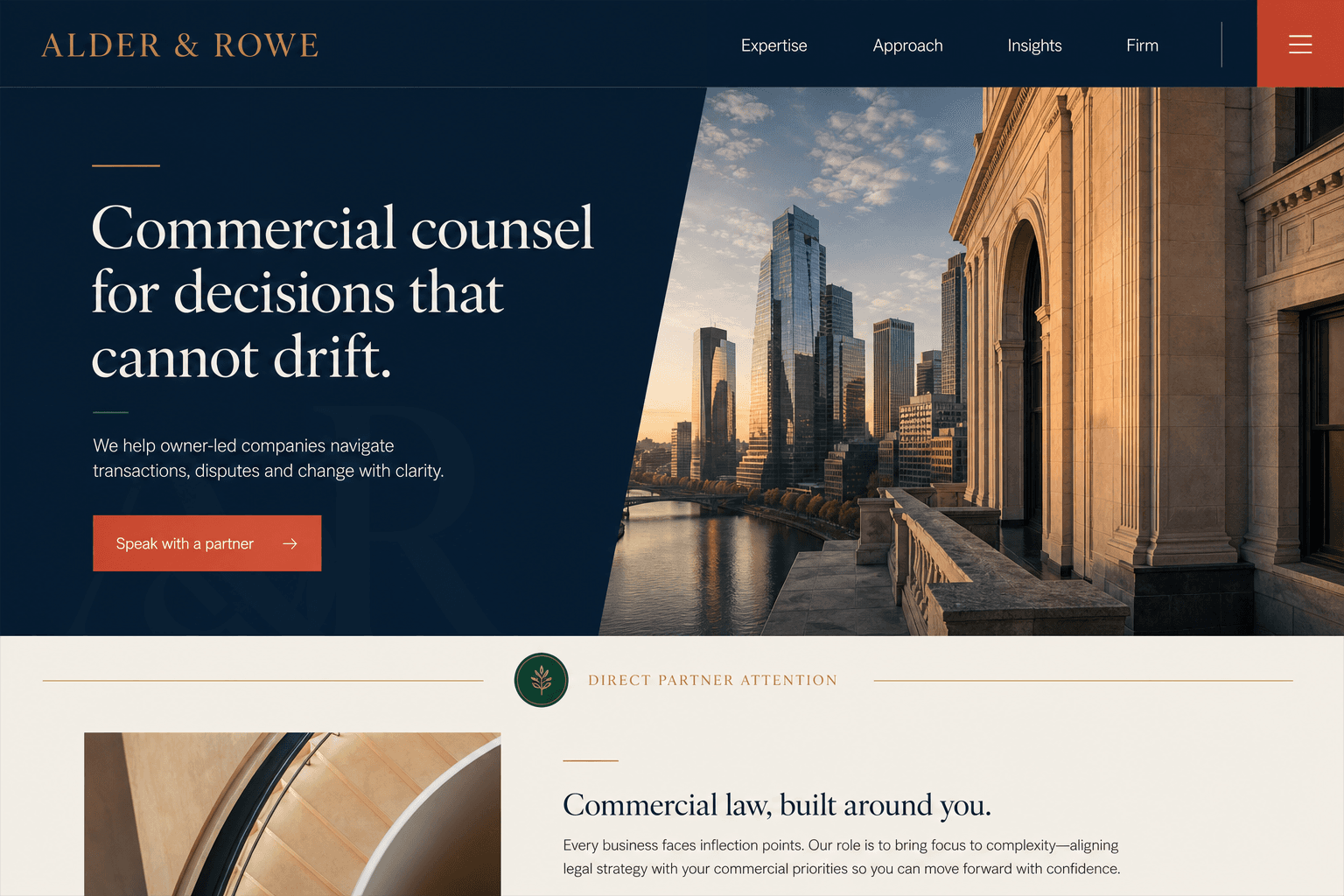 Fictional Alder and Rowe commercial law firm homepage concept